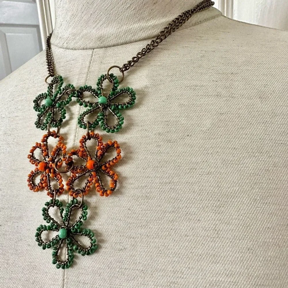Green and orange flower beaded necklace